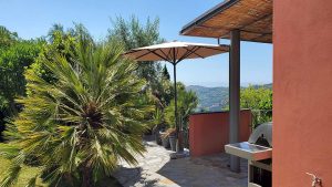 Ferienhaus in Ligurien.Casa Rossa. Blick über Palmen auf das Meer.